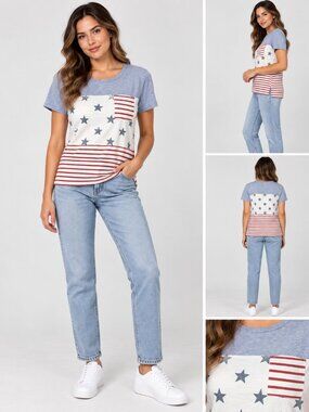 Hem & Thread Red Blue Star Stripe Americana Pocket Tee S